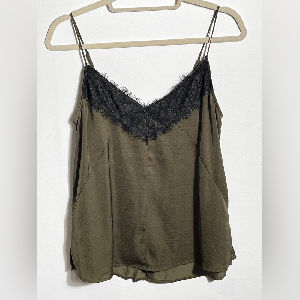 Express Olive Green Satin Cami with Black Lace Detail M